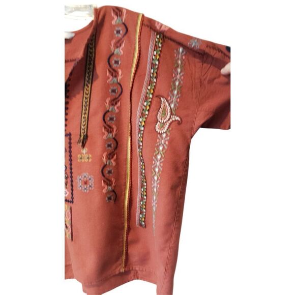 ZARA | Rust Brown Embroidered Southwestern Boho oversized Long Sleeve Top xsm fi - Picture 4 of 5